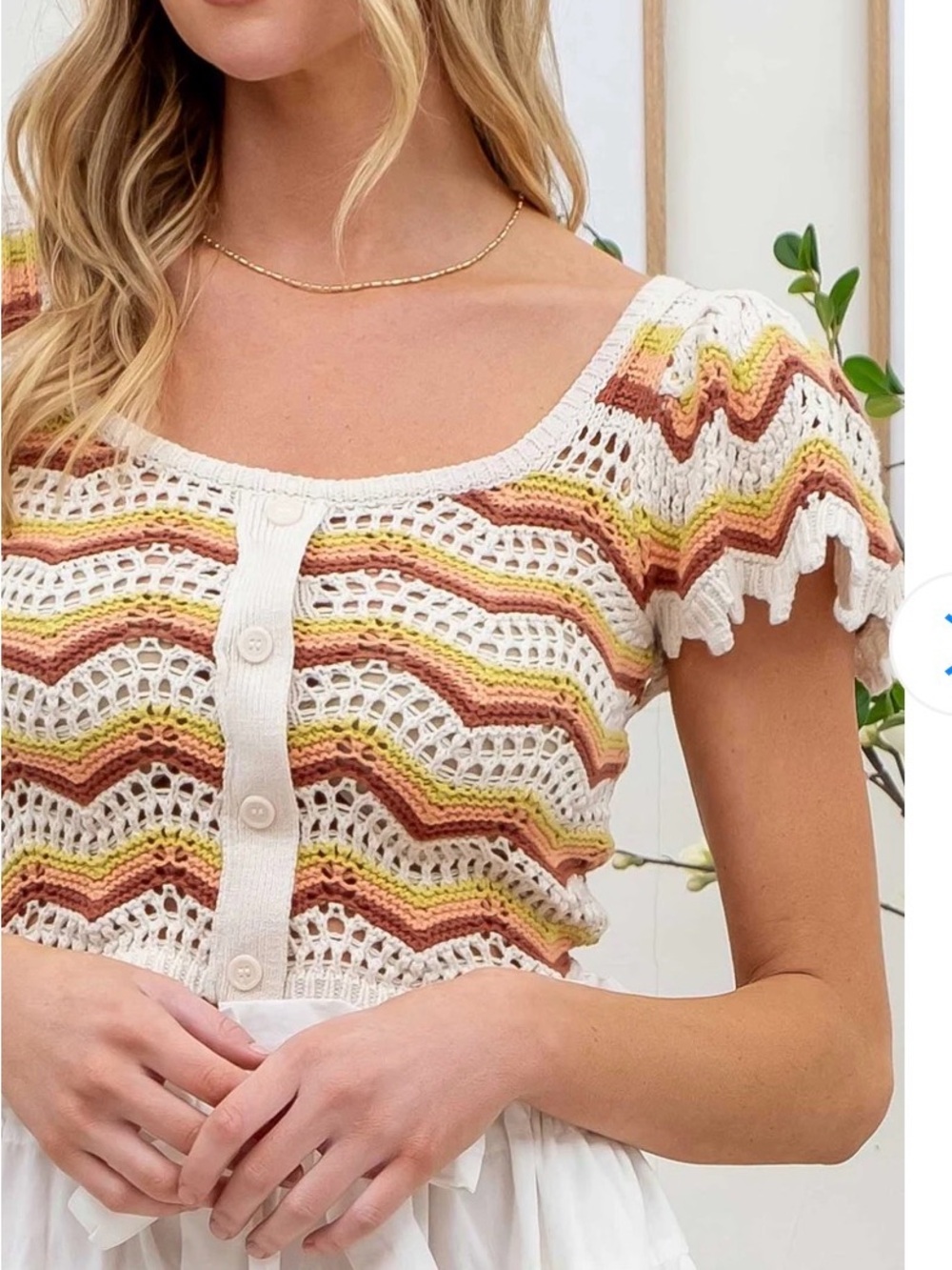 Blu Pepper Crochet Button-Front Crochet Sweater Top